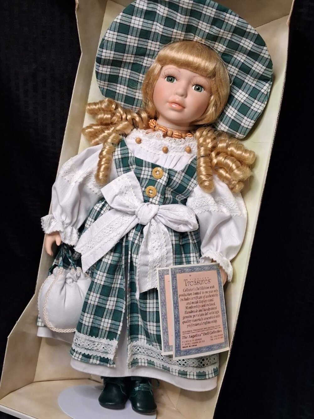 Vintage 2001 Angelina Collection Fine Porcelain Doll Green Plaid NIB w/ COA - Picture 12 of 16